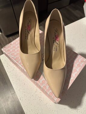 First Love Beige Patent Pointed-Toe Pumps